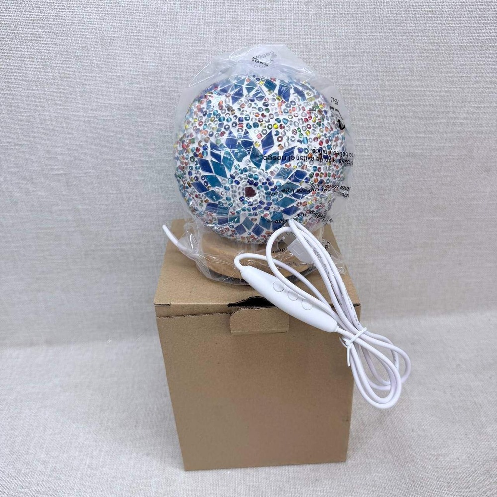 Turkish Mosaic Glass Globe Lamp USB Powered Wood Base Blue Multi-Color New